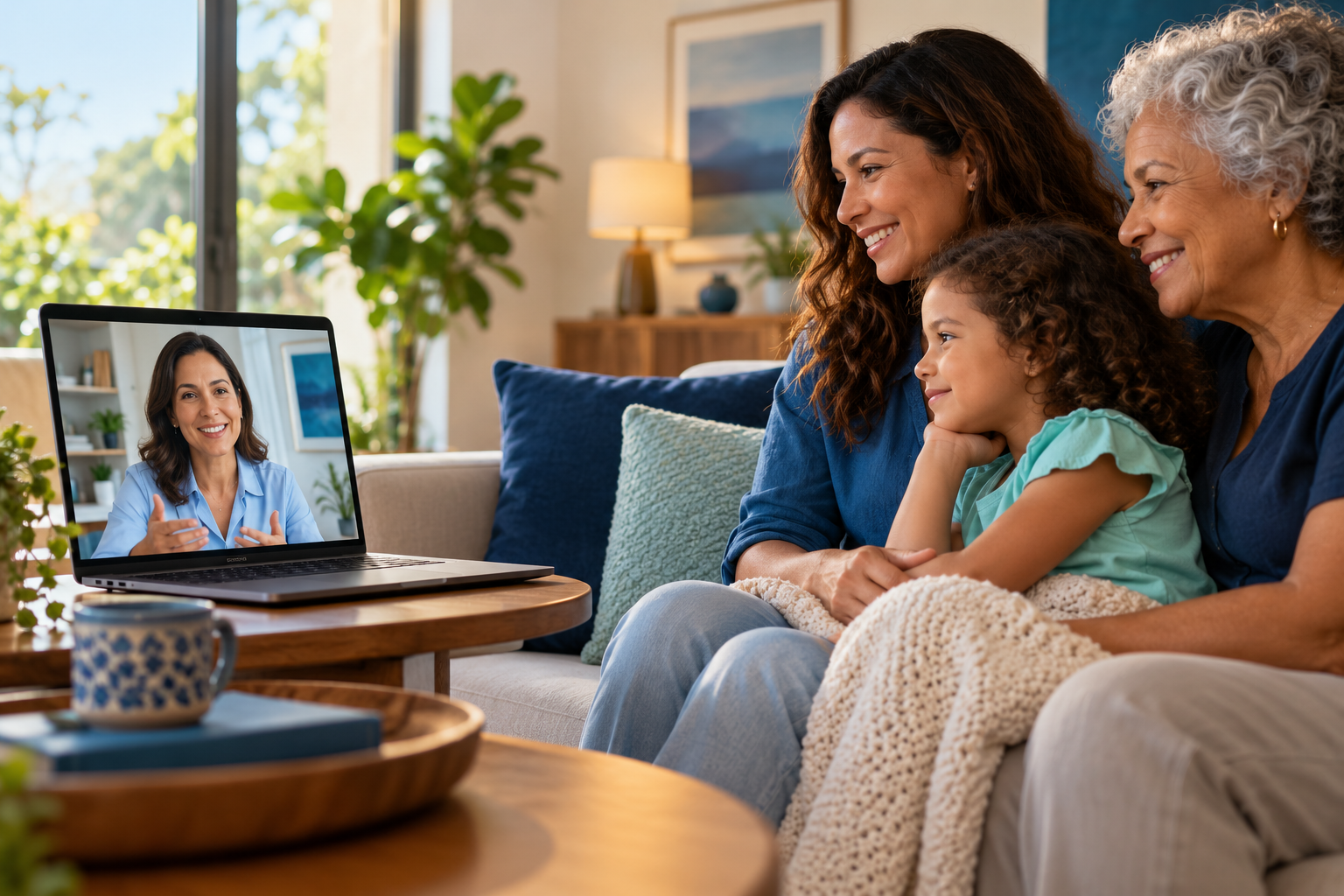 Imagem ilustrativa de uma família conversando por vídeo com uma profissional de saúde